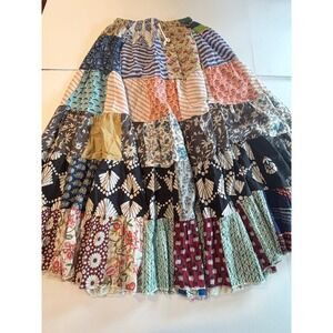 Rhea Boho Patchwork Circle Maxi Skirt Multicolor Cotton Tiered L/XL NWT